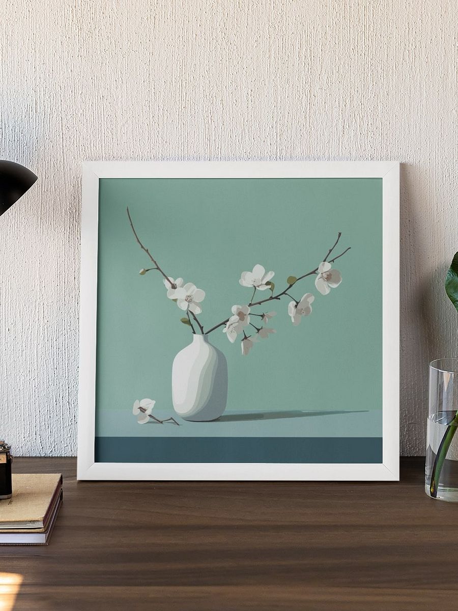 Serenity Blooms Art Poster - Simplistic White Vase with Delicate Flowers, Peaceful Botanical Print, Tranquil Home and Office Decor product image (3)