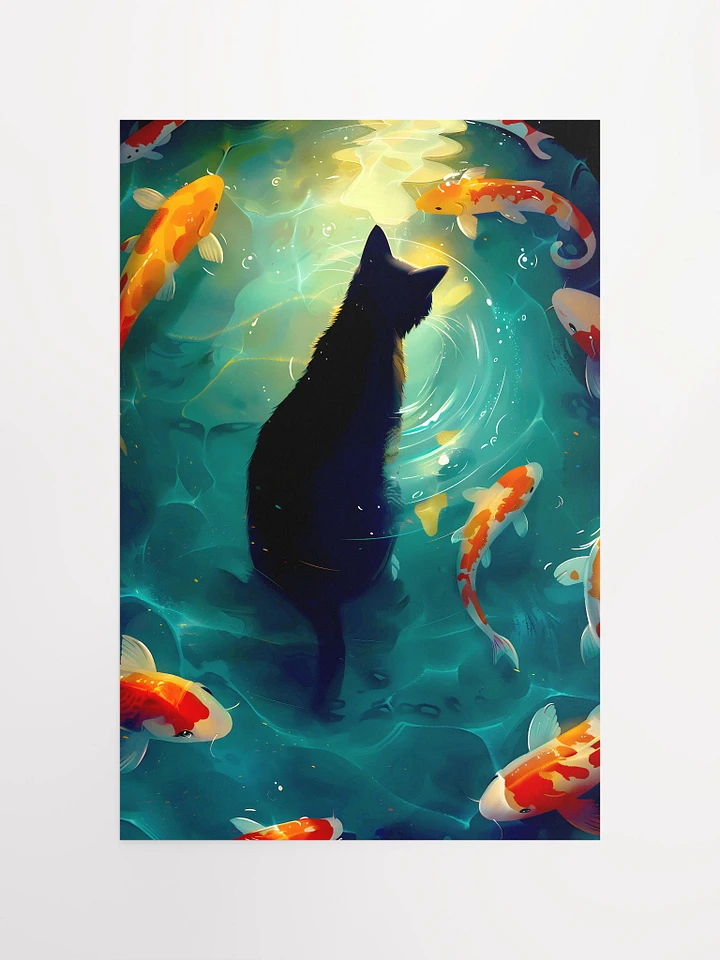 Tranquil Reflections: Black Cat Overlooking Swirling Koi in Moonlit Pond Matte Poster product image (2)
