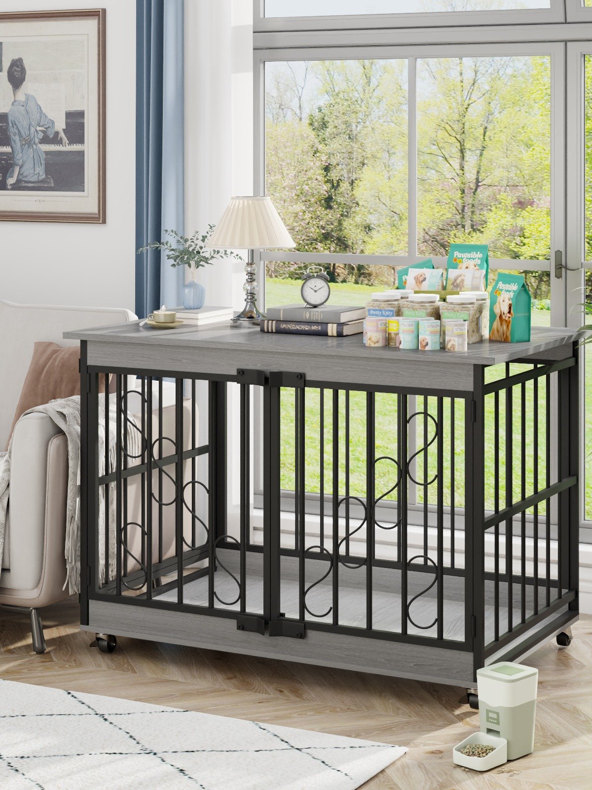 48 Inch Dog Cage Furniture for Extra Large Dog, Double-Doors Heavy Duty Dog Crate with 360° Caster Wheels, Dog Kennel Indoor Decorative Pet House Dog Cage Table, Gray product image (7)