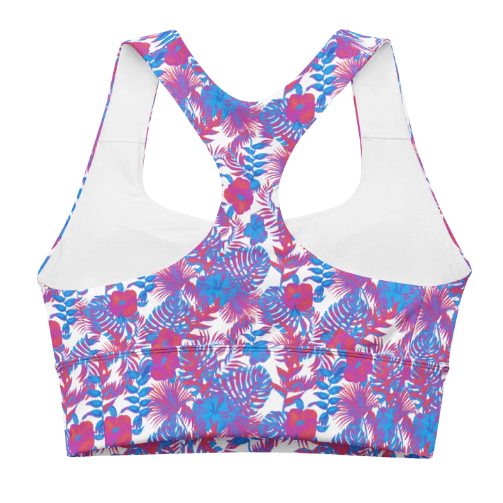 Longline sports bra in  blue and pink colors tropical leaves design. Perfect for holiday vibes product image (1)