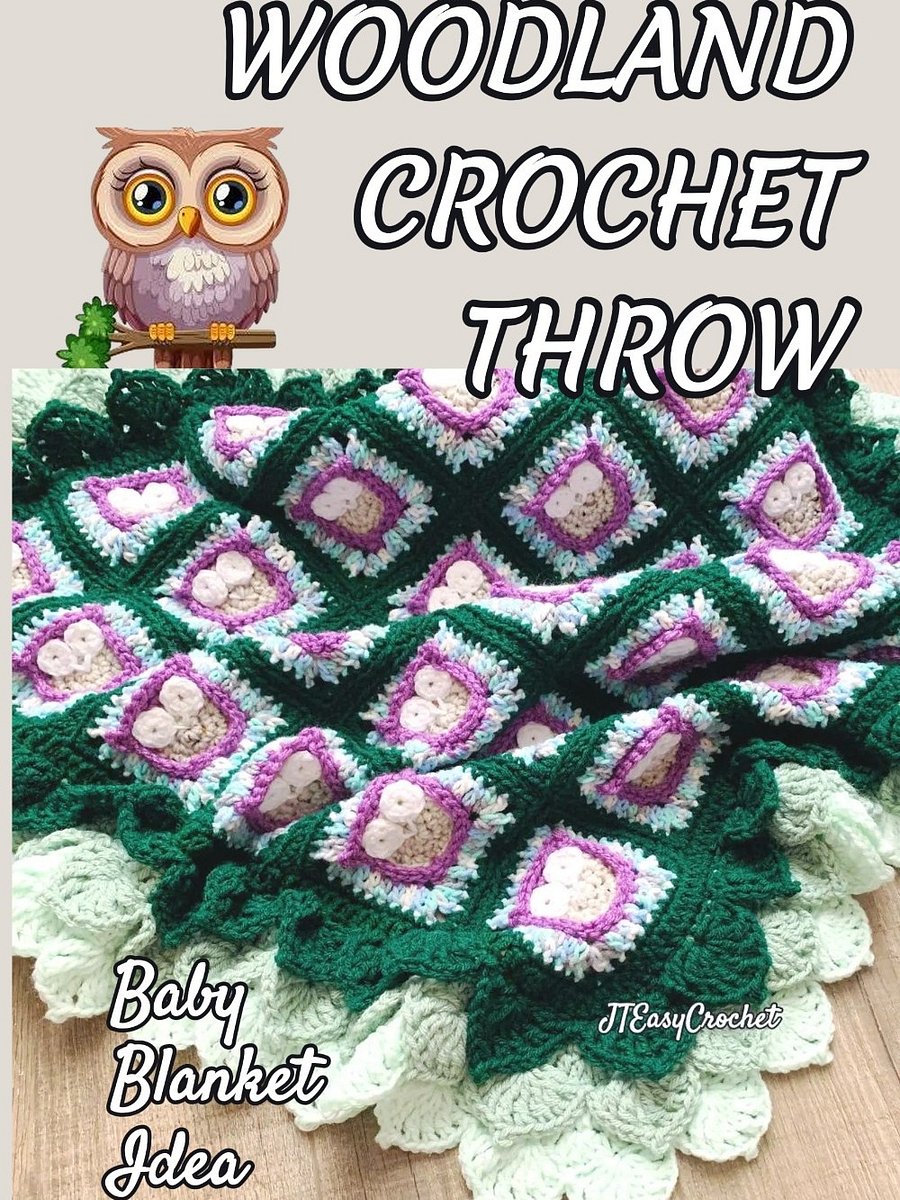Whimsical Owls Forest Woodland Granny Square Blanket with Leaf Edging, Forest Theme Nursery Decor Crochet Pattern product image (6)