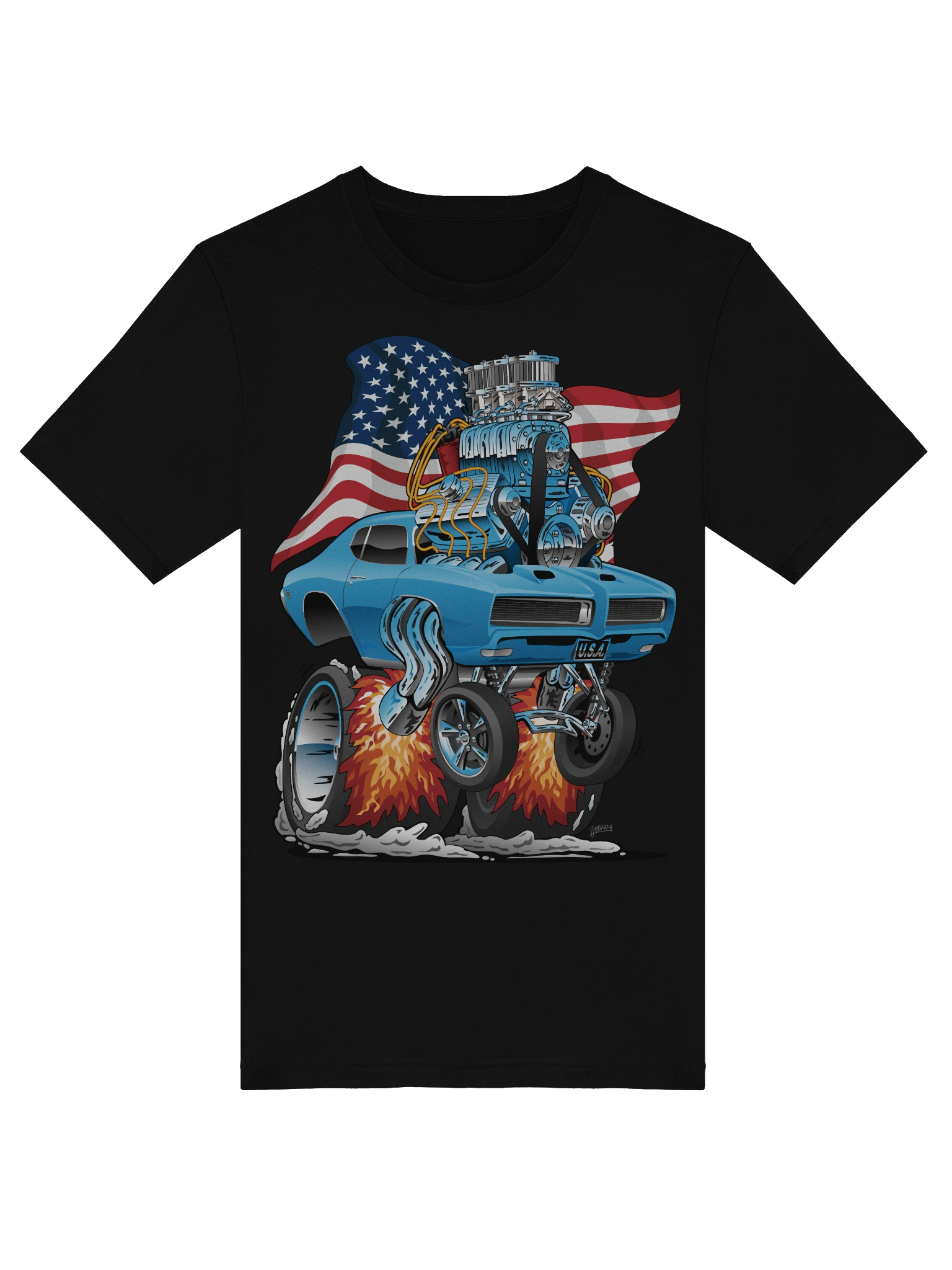 Patriotic 60s Muscle Car Funny Dragster USA Hotrod Cartoon T-Shirt product image (3)