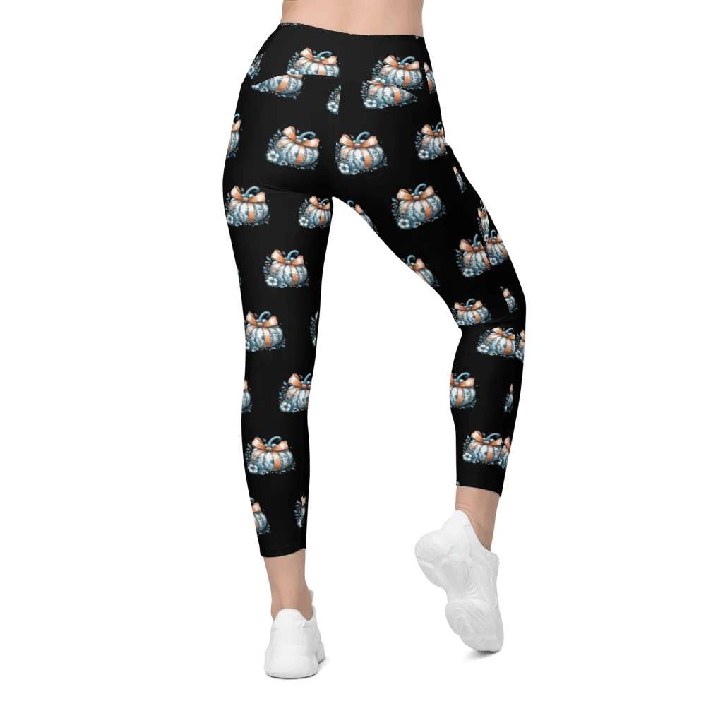 Charming Pattern of Stylishly Whimsical Dressed Blue And White Pumpkins With Orange Ribbon Chic Leggings product image (4)