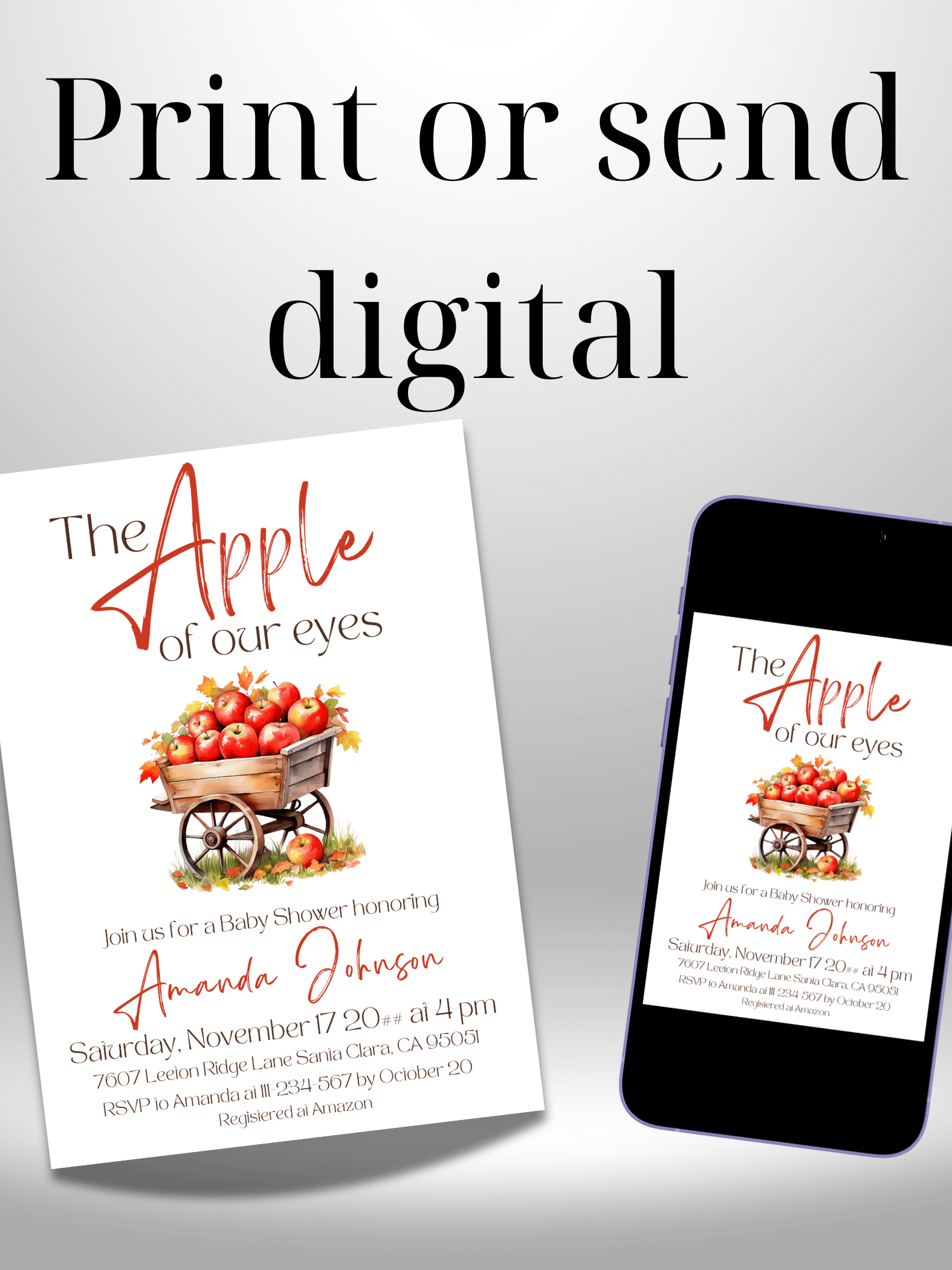 Apple Baby Shower Invitation - Fall Harvest Watercolor Apple of Our Eyes Party Invite, Digital Download Canva Template product image (8)
