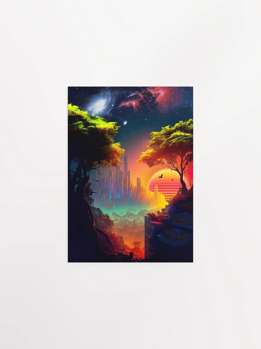 Synthwave cyberpunk city in a forest — surreal space collage art, futuristic sci-fi collage product image (6)