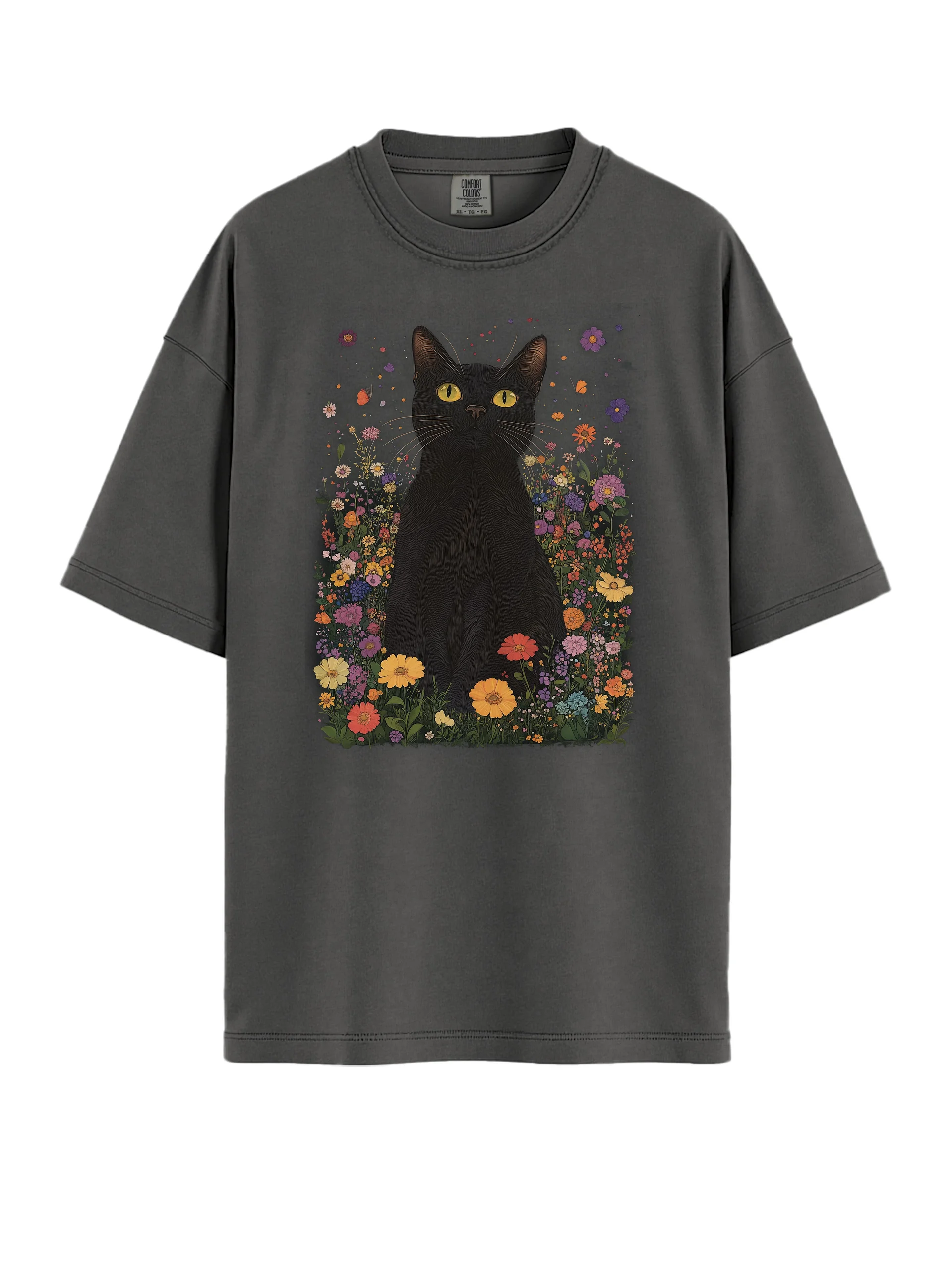Black Cat in Wildflowers – Relaxed Fit Heavyweight Unisex Cotton T-Shirt product image (41)
