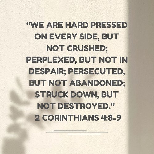 🌸 “We are hard pressed on every side, but not crushed; perplexed, but not in despair; persecuted, but not abandoned; struck d...