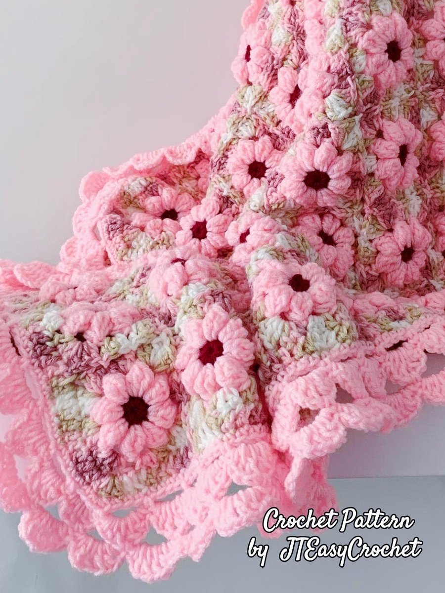 Cherry Blossom Baby Blanket Crochet Pattern, Textured 3D Floral Granny Squares Couch Throw product image (8)