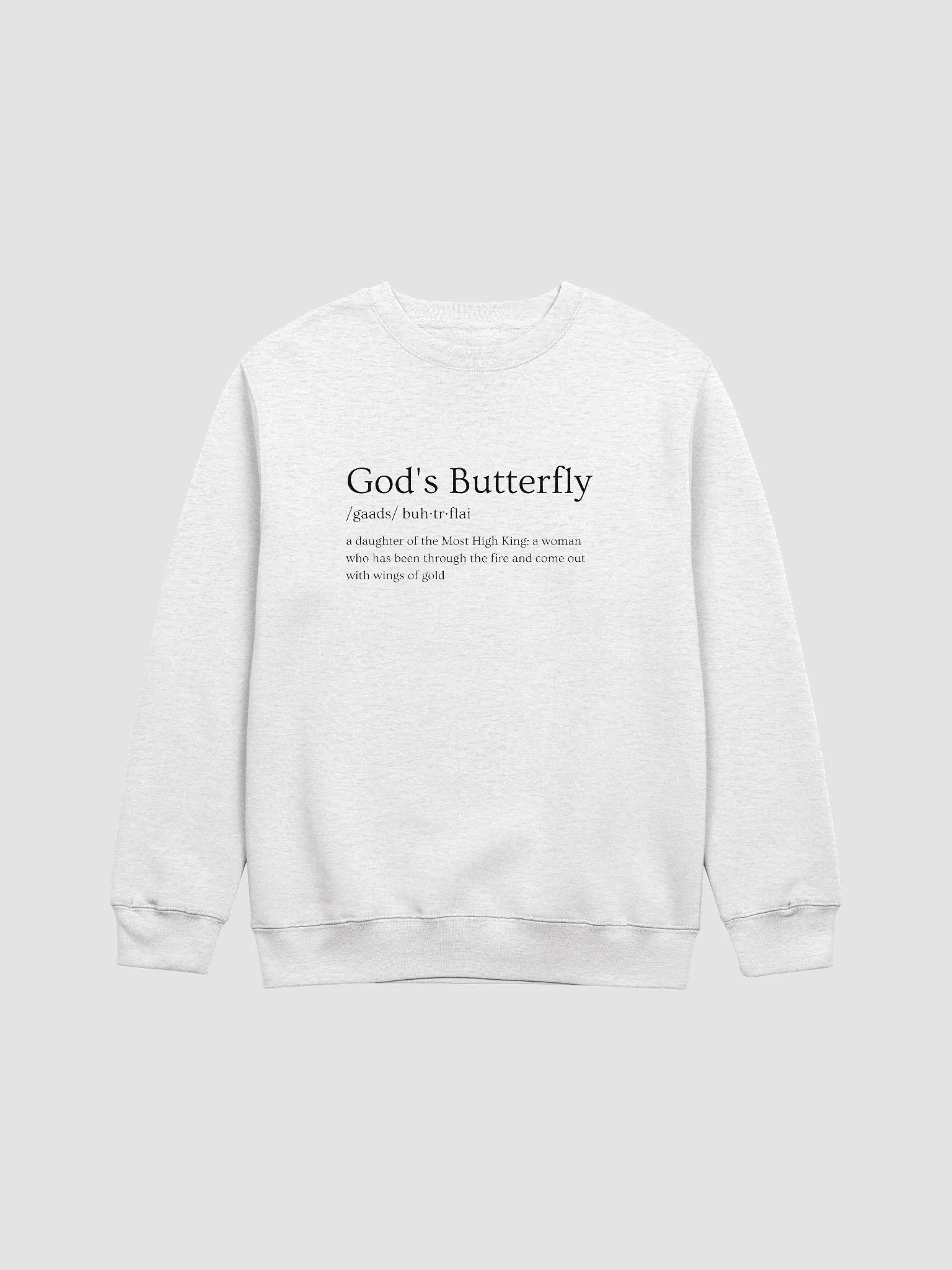 God’s Butterfly Defined Women’s Crewneck (Black Text) product image (1)