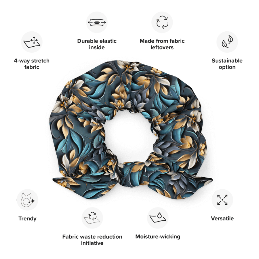 Hair Scrunchie - Sculpted Floral Pattern of Yellow-Brown Flowers on Textured Blue Background product image (12)