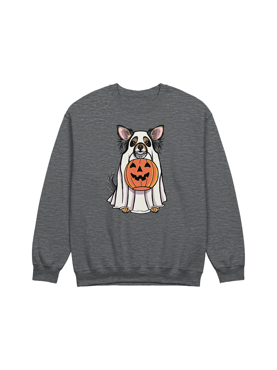 Funny Halloween Longhaired Chihuahua(Tricolor) Sweatshirt | Funny Chihuahua Wearing a Ghost Costume and Holding a Pumpkin Basket product image (3)