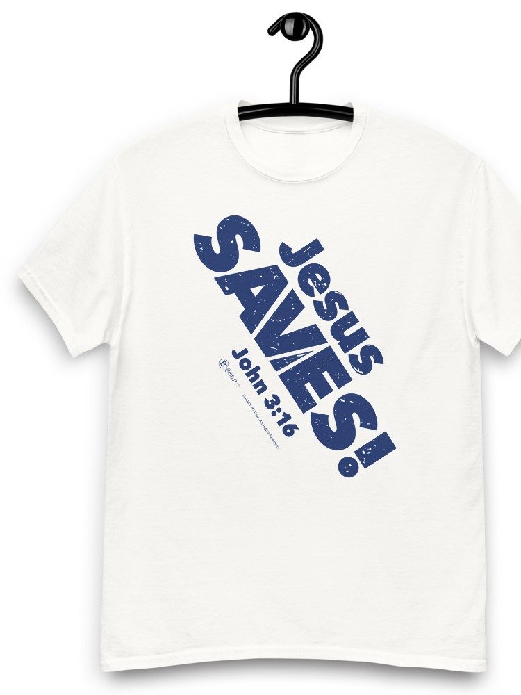 Jesus SAVES! Heavyweight Unisex Crewneck T-shirt | Gildan® 5000, Blue on White Shirt product image (6)