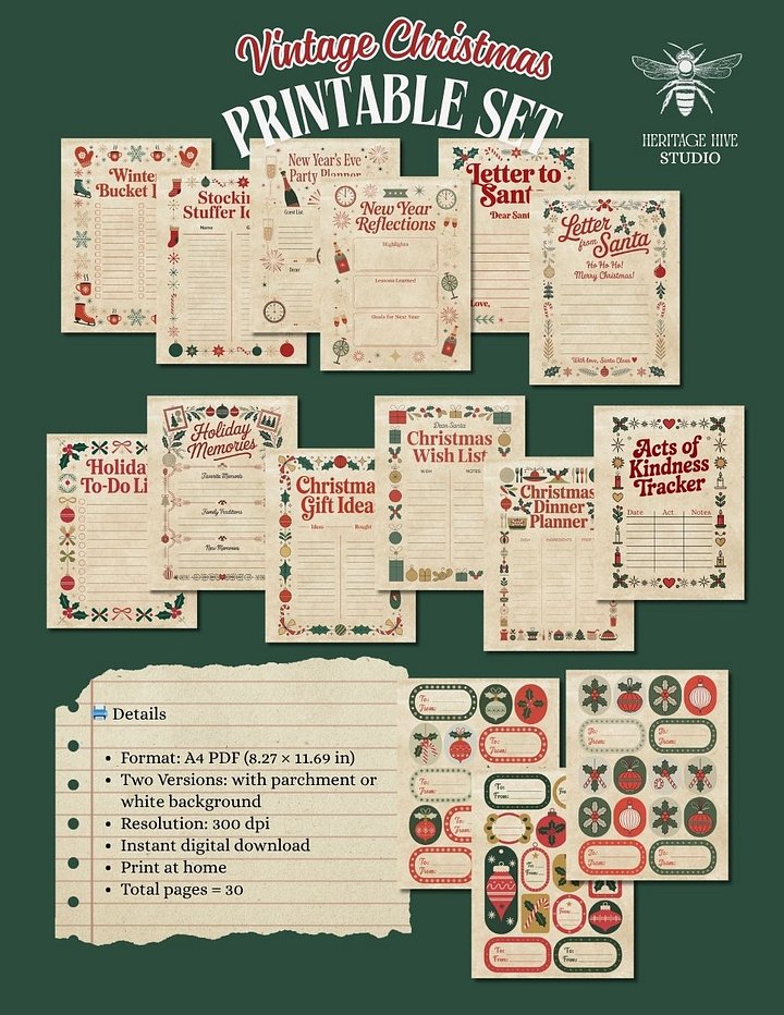 Vintage Christmas Printable Set | Retro Holiday Planner & Gift Tags | 30pages product image (2)