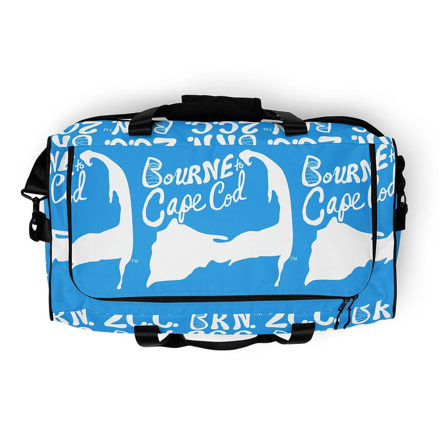 BOURNE to Cape Cod™ | Duffle Bag | BRN.2C.C.™ | Coastal Gym & Travel Gear | 22" All-Over Print Weekender | White Logos on Deep Sky Blue product image (8)