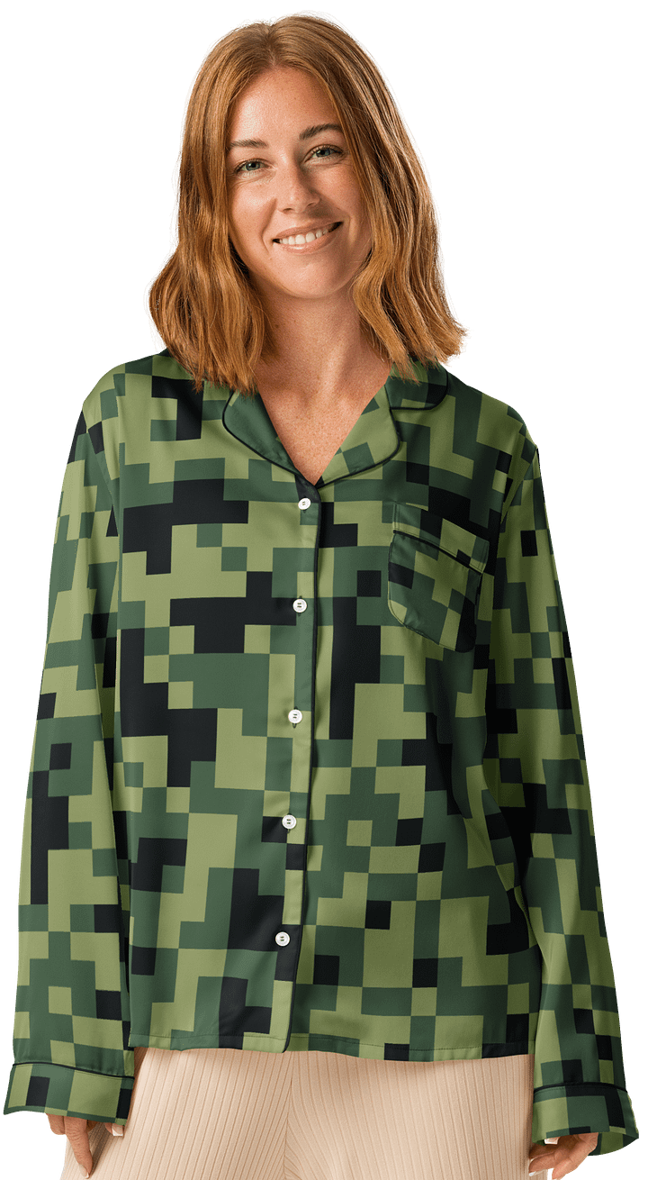 Military Green Camouflage Pixels Camo Pattern Women's Long Sleeve Pajama Top product image (2)