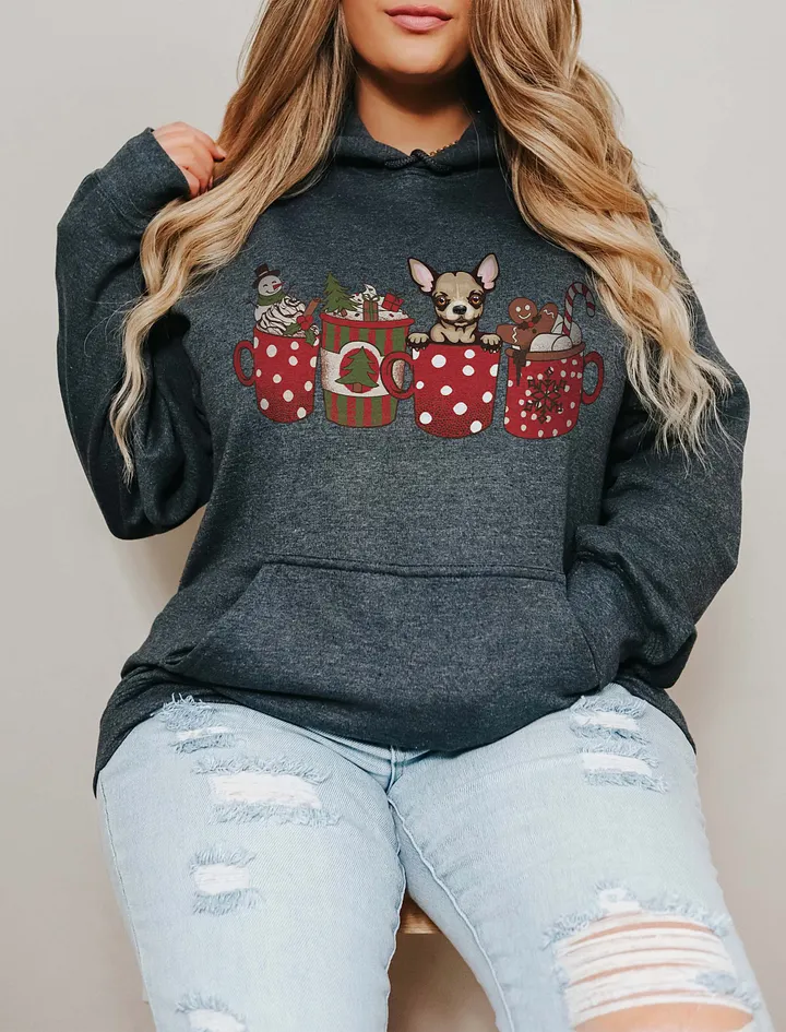 Cute Chihuahua in a Christmas Cup Hooded Sweatshirt | Funny Christmas Pup in a Cup product image (1)
