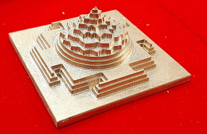 Combo Offer Maha Meru Shri Yantra with Gold Plated and Accurate Cutting (Size-1.5x1.5 inch) 100 Grm + kamalgatta mal 54 beads+ mini wooden pooja pat product image (2)