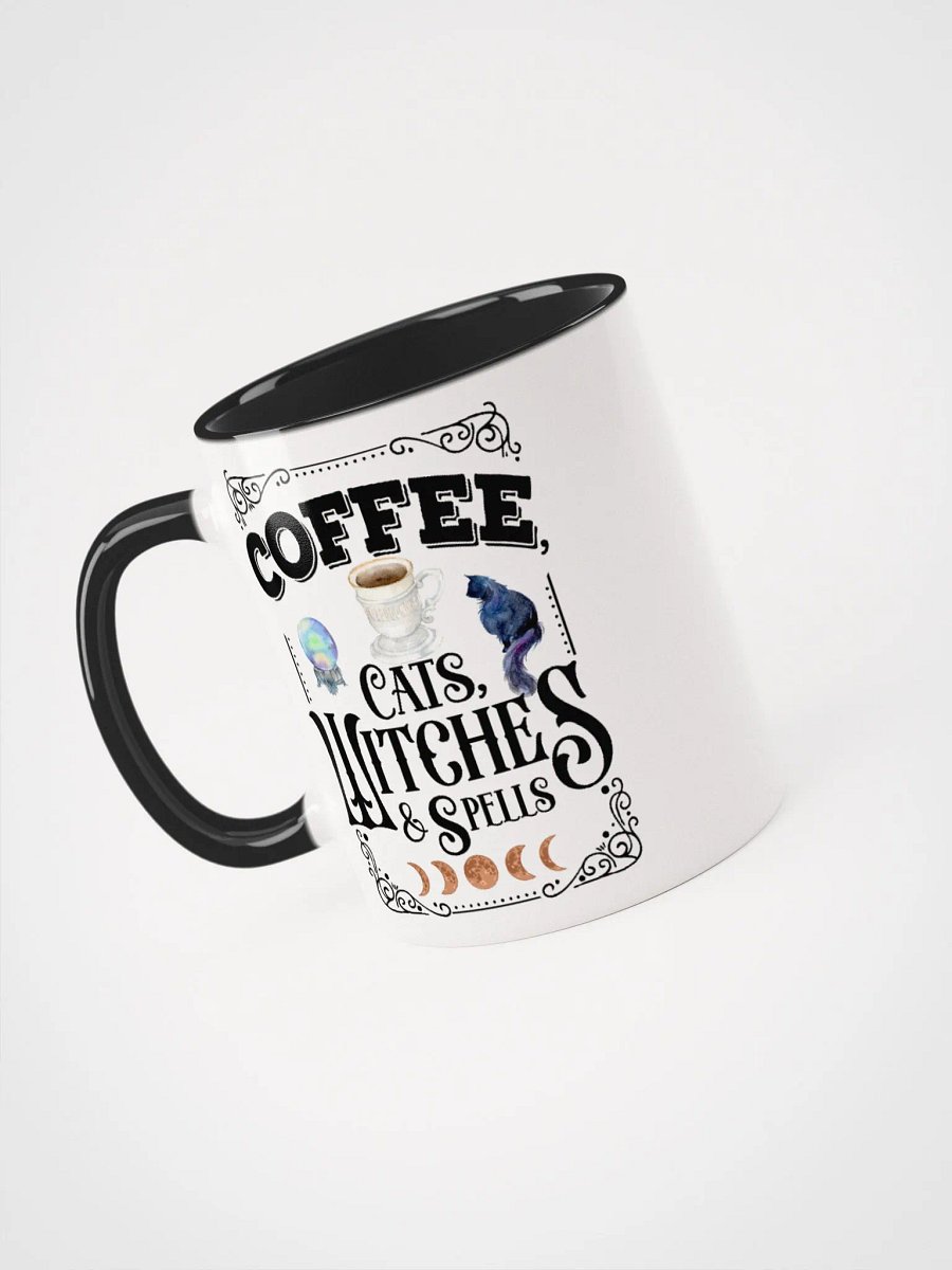 Coffee, Cats, Witches, and Spells WHITE WITH BLACK HANDLE MUG - Witchy, Kitchen Witch, Magic Kitchen Gift product image (4)