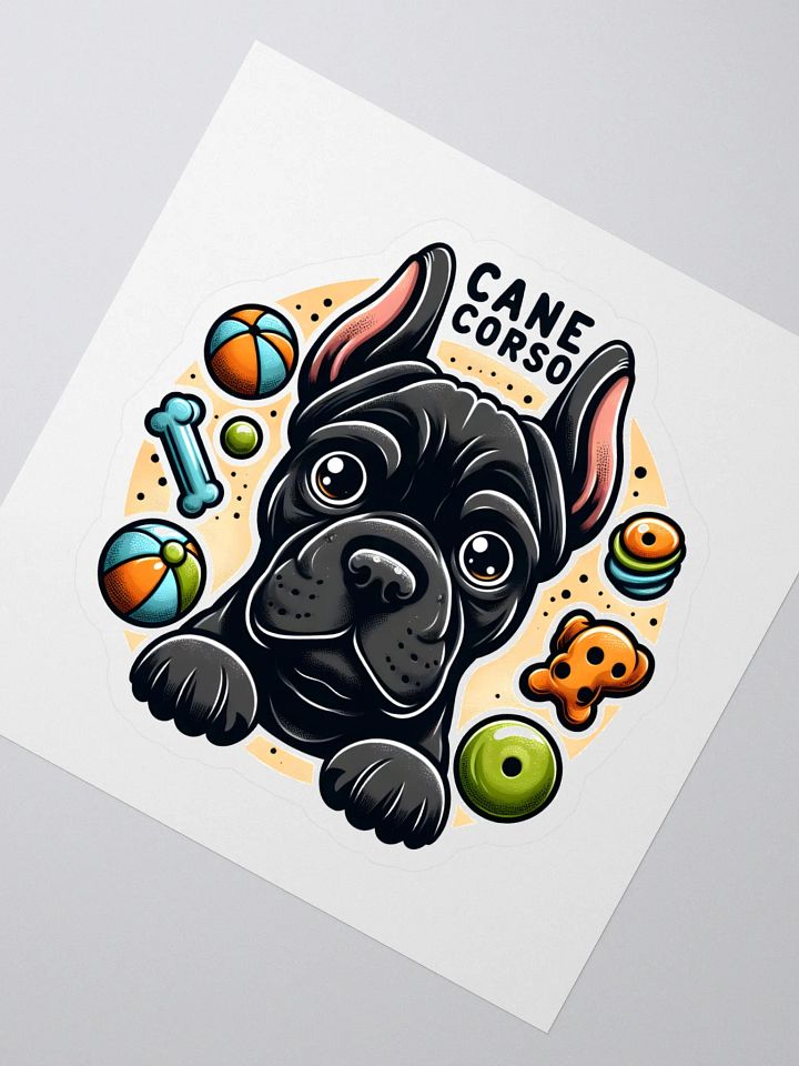 Black Cane Corso Surrounded by Toys Sticker – Fun Dog Lover Decal product image (2)