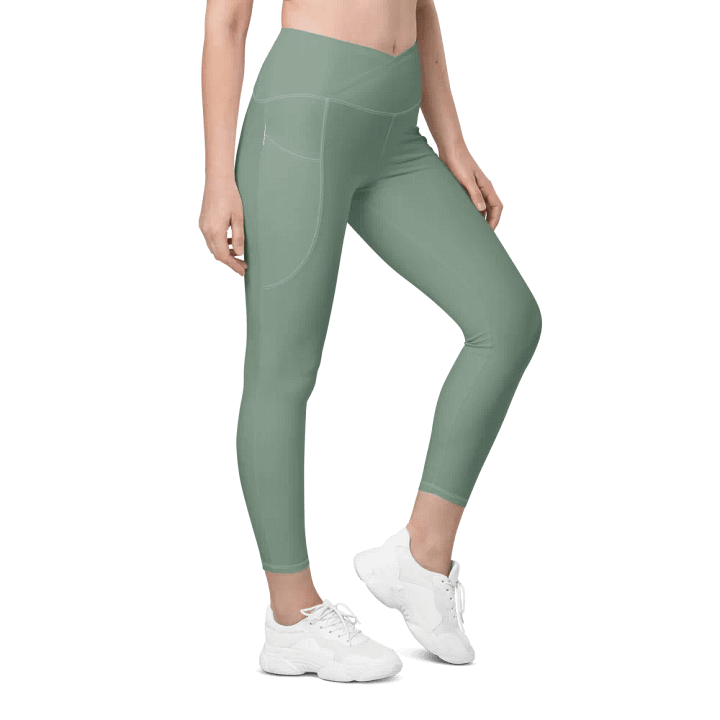 Plain Medium Sage Green Soft Summer Women's High Waisted Premium Crossover Leggings with Pockets by Treasure Pie product image (1)