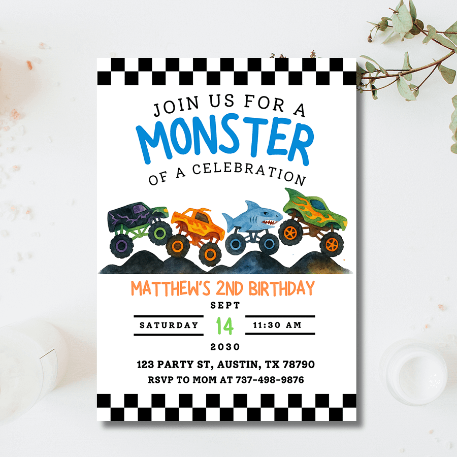 Monster Truck Birthday Invitation | Editable Canva Template | Boys 2nd Birthday Invite | Monster Jam Party | Watercolor Trucks Theme product image (3)