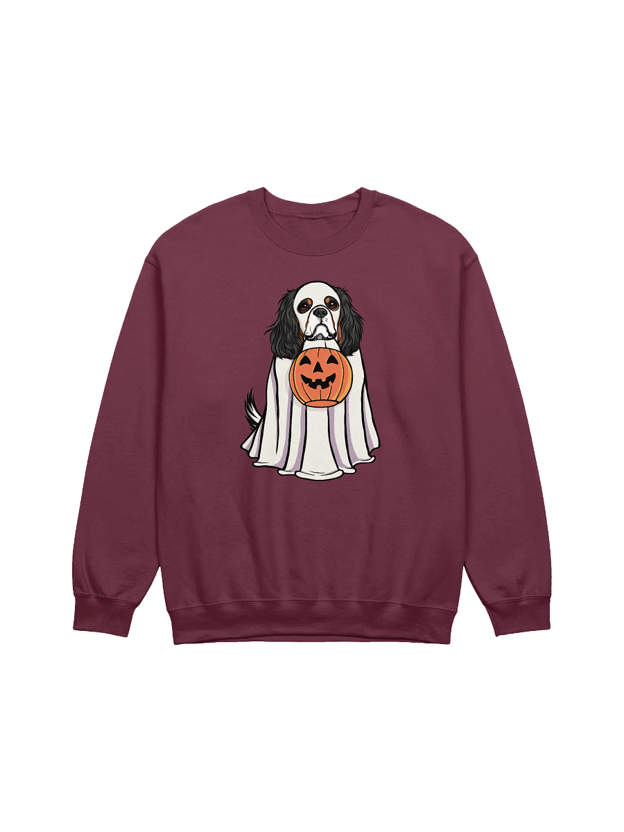 Funny Halloween Cavalier King Charles Spaniel(Tricolor) Sweatshirt | Funny Cavalier Wearing a Ghost Costume and Holding a Pumpkin Basket product image (8)