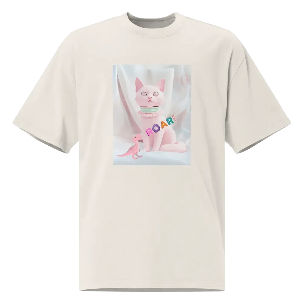 Pastel Fantasy: Cat and Dinosaur Premium Oversized Faded T-Shirt product image (1)