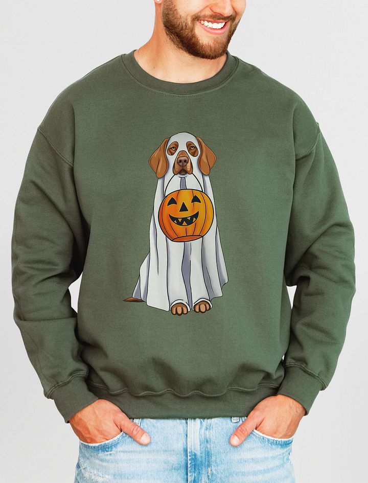 Vizsla Halloween Sweatshirt | Funny Fall and Halloween Vizsla Wearing a Ghost Costume with Pumpkin Basket product image (19)
