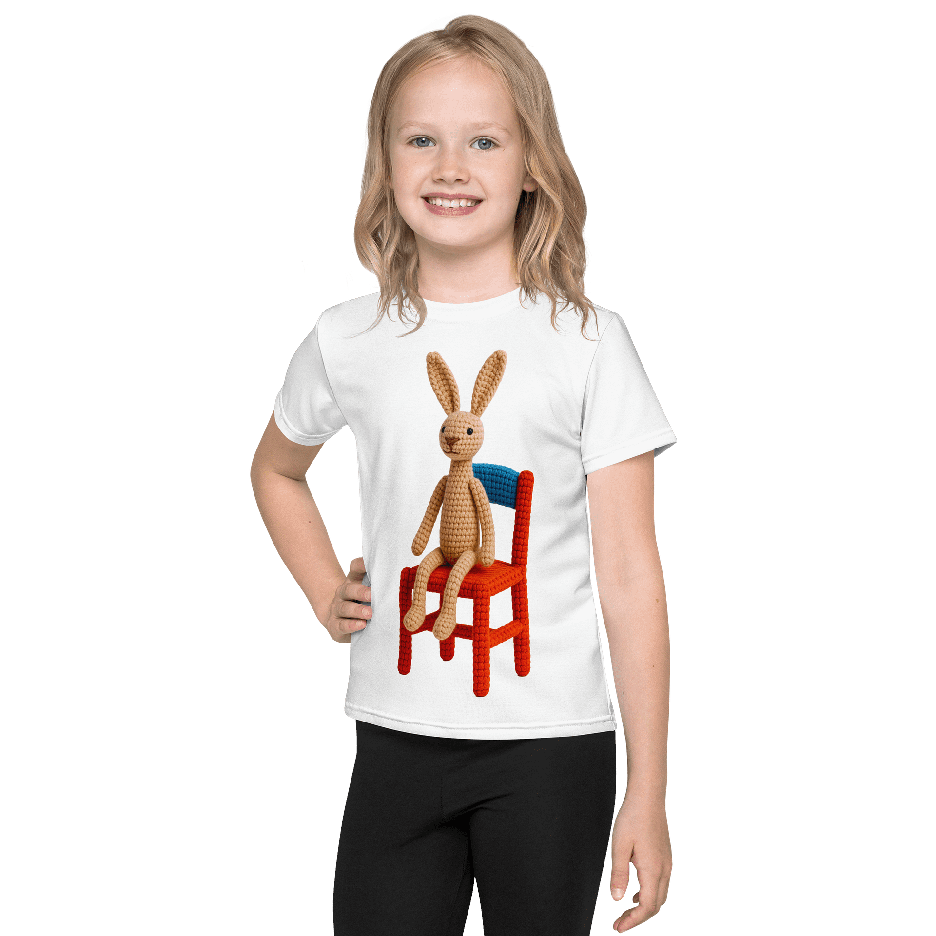 Hare on a Chair Kids Crew Neck T-Shirt: Whimsical Handcrafted Crochet Art product image (1)
