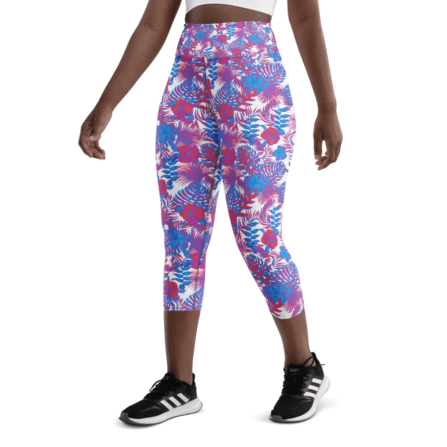 Yoga capri  leggings blue and pink colors tropical leaves design. Perfect for holiday vibes product image (5)