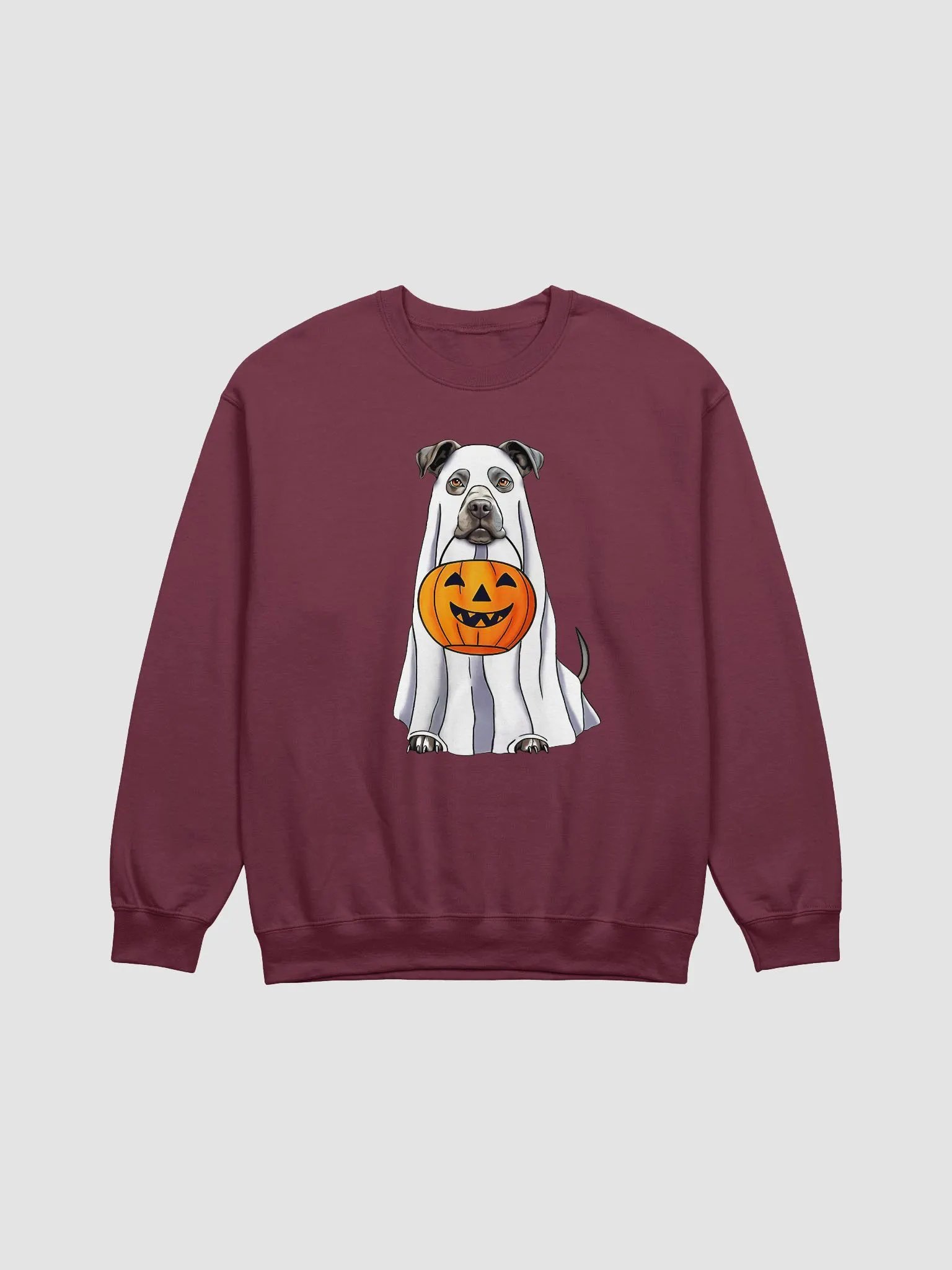 Pitbull(Blue/Gray) Halloween Sweatshirt | Funny Halloween Staffordshire Wearing a Ghost Costume with Pumpkin Basket product image (16)