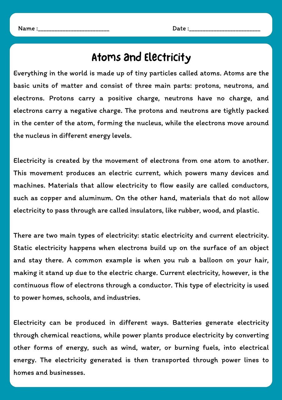 Atoms and Electricity - Reading Comprehension with Questions product image (1)