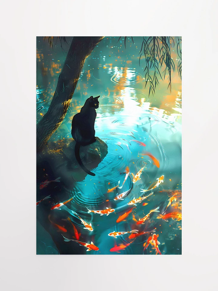 Black Cat Sits by a Koi Pond Matte Poster product image (2)