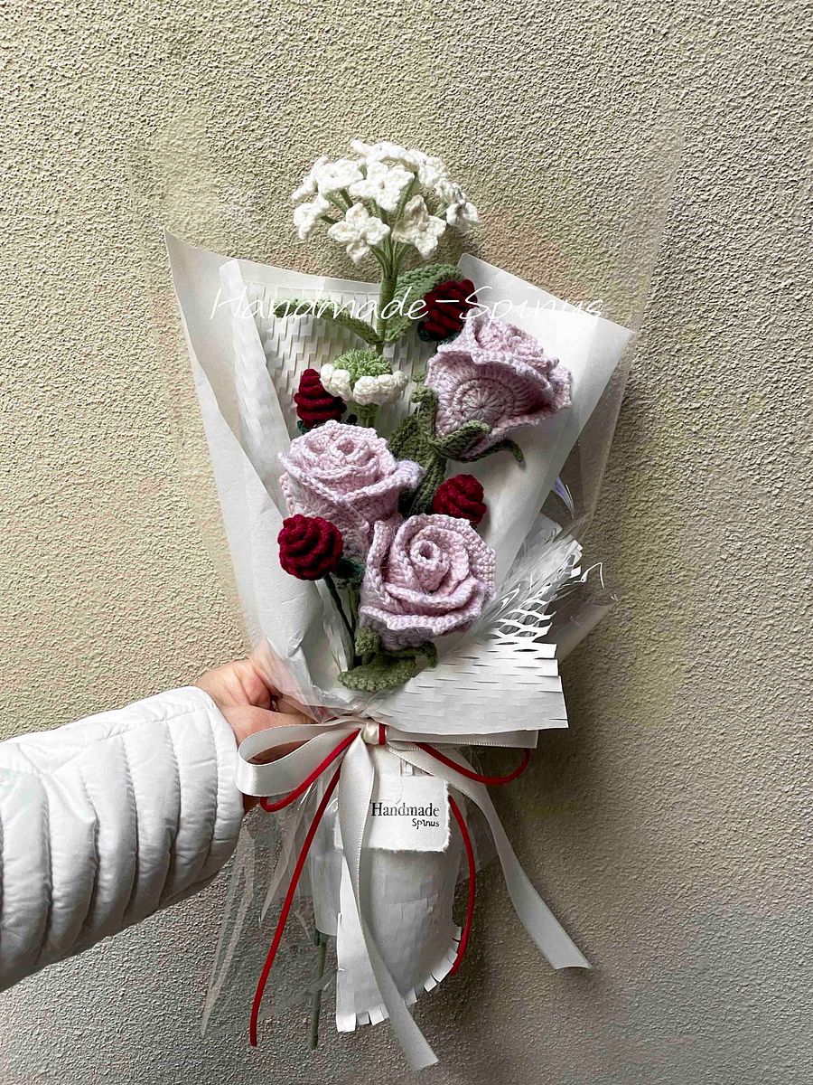 Pink Rose Thousand Day Red Crochet Knit Bouquet product image (4)