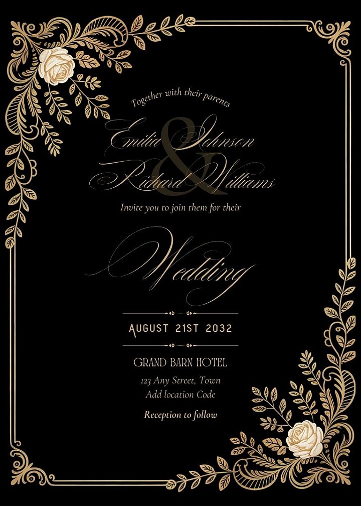 Editable Vintage Wedding Invitations | Edit in Canva | Instant Download Template | Black Gold Floral Rose product image (2)