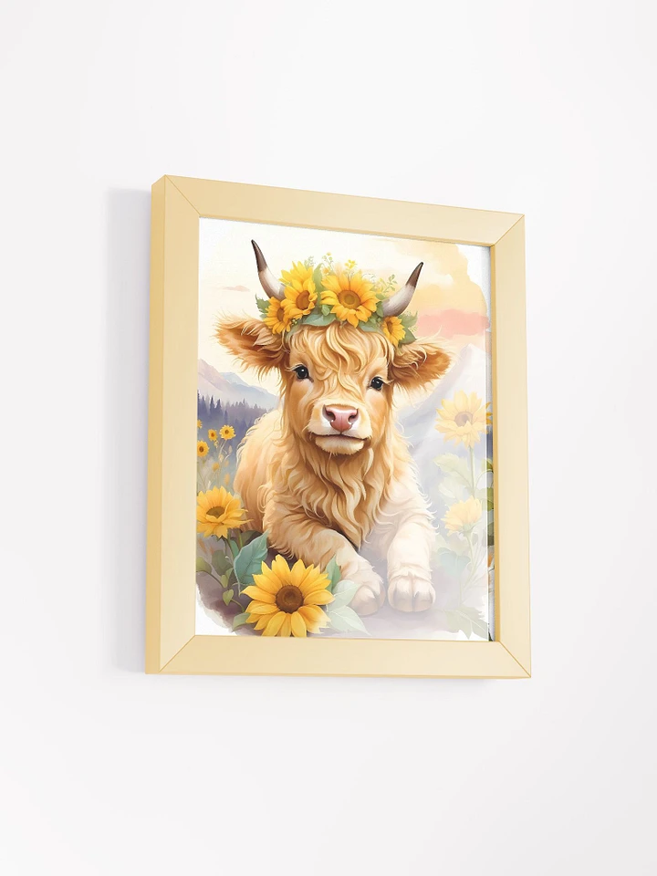 Highland Cow Wall Art Painting Framed Matte Poster : Baby Highland Cow With Sunflowers product image (1)