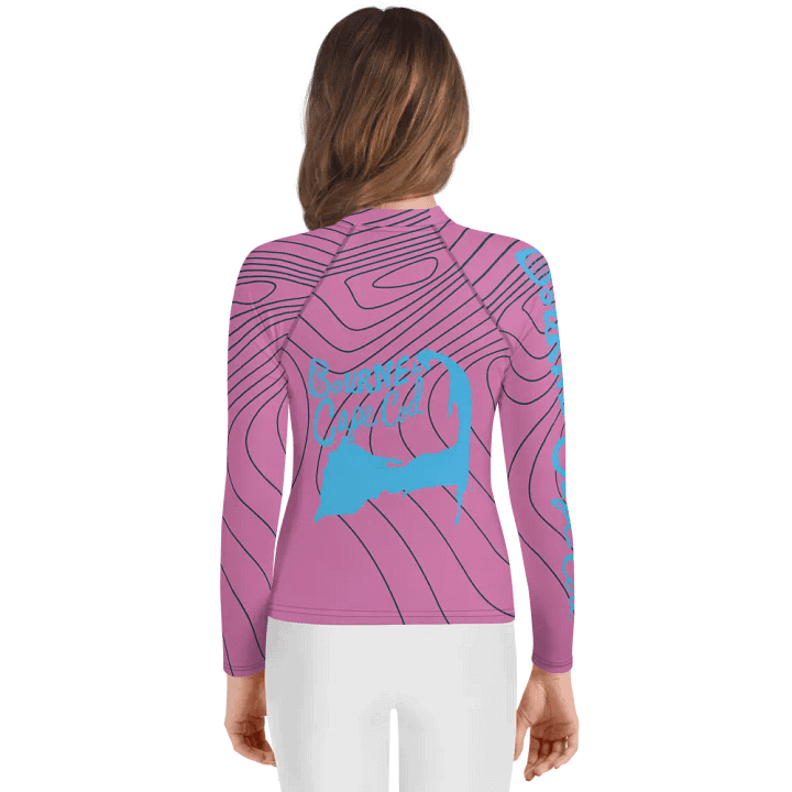 Girls' | YOUTH | Rash Guard | BRN.2C.C.™ Front Graphic | BOURNE to Cape Cod™ Sleeve & Back Logo | Coastal Swim Shirt for Kids | UV Protection Activewear | Blue Logo | Black Raspberry Pinstripe product image (2)