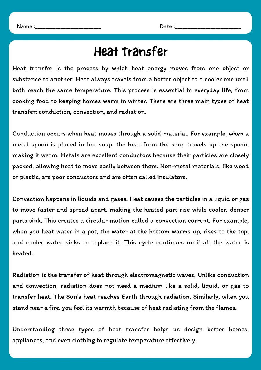 Heat Transfer Reading Comprehension Passage & Questions product image (1)