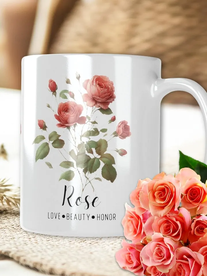 Rose Ceramic White Mug: Love, Beauty, Honor June Birth Month Flower product image (1)