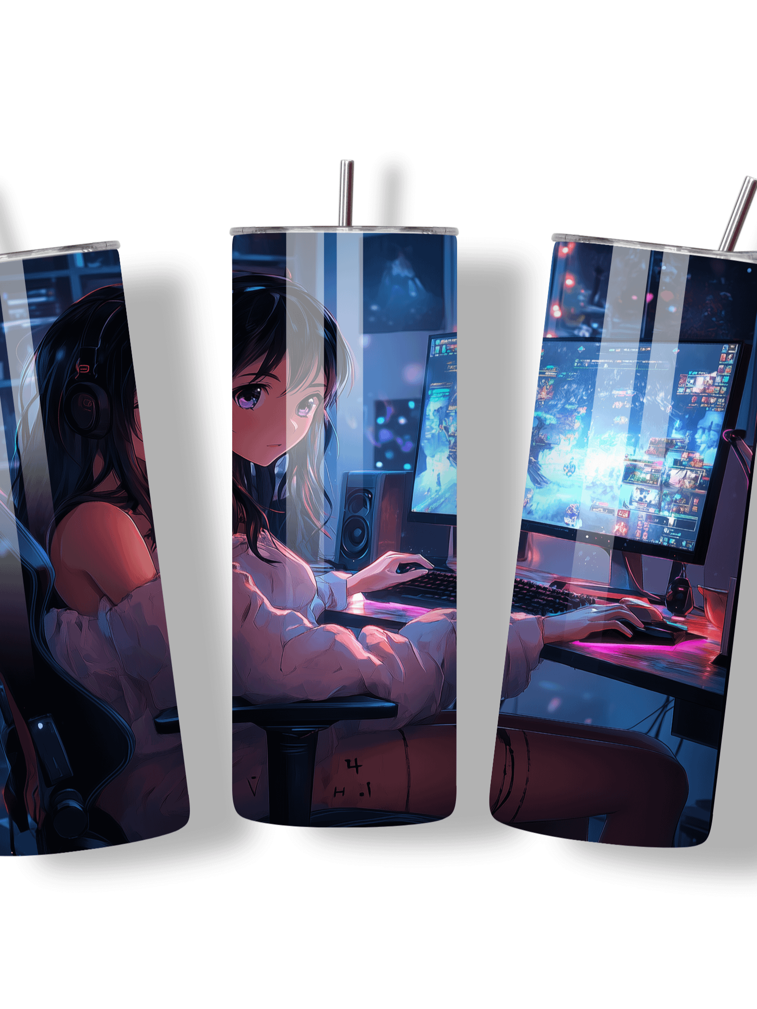 Anime Gamer Girl 20oz Skinny Tumbler with Metal Straw – Vibrant Gaming Setup Design – Double-Walled Insulated Stainless Steel Tumbler Gift for Anime and Gaming Fans (Anime Girl 2) product image (2)