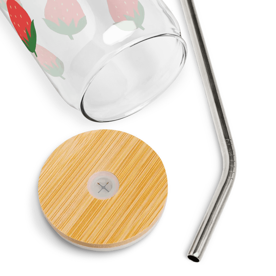 strawberry glass cup with lid & straw product image (7)