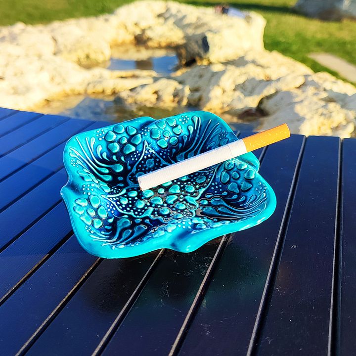 Ceramic turquoise ashtray, square - Turkish Iznik Style Decor, 10 cm — handmade pottery product image (1)