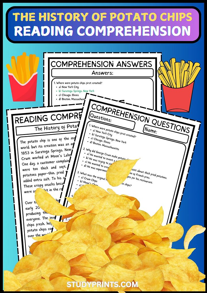 History of Potato Chips READING COMPREHENSION WITH 5 QUESTIONS PDF WORKSHEET product image (1)