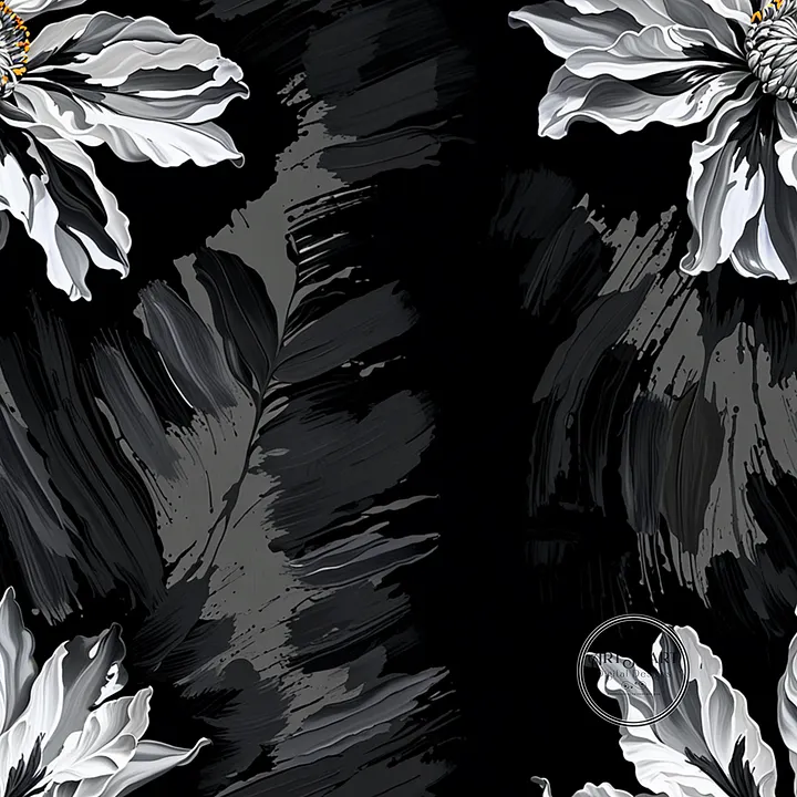 Seamless Pattern - Stripes of White flowers and Gray Leaves on a Black Background product image (1)