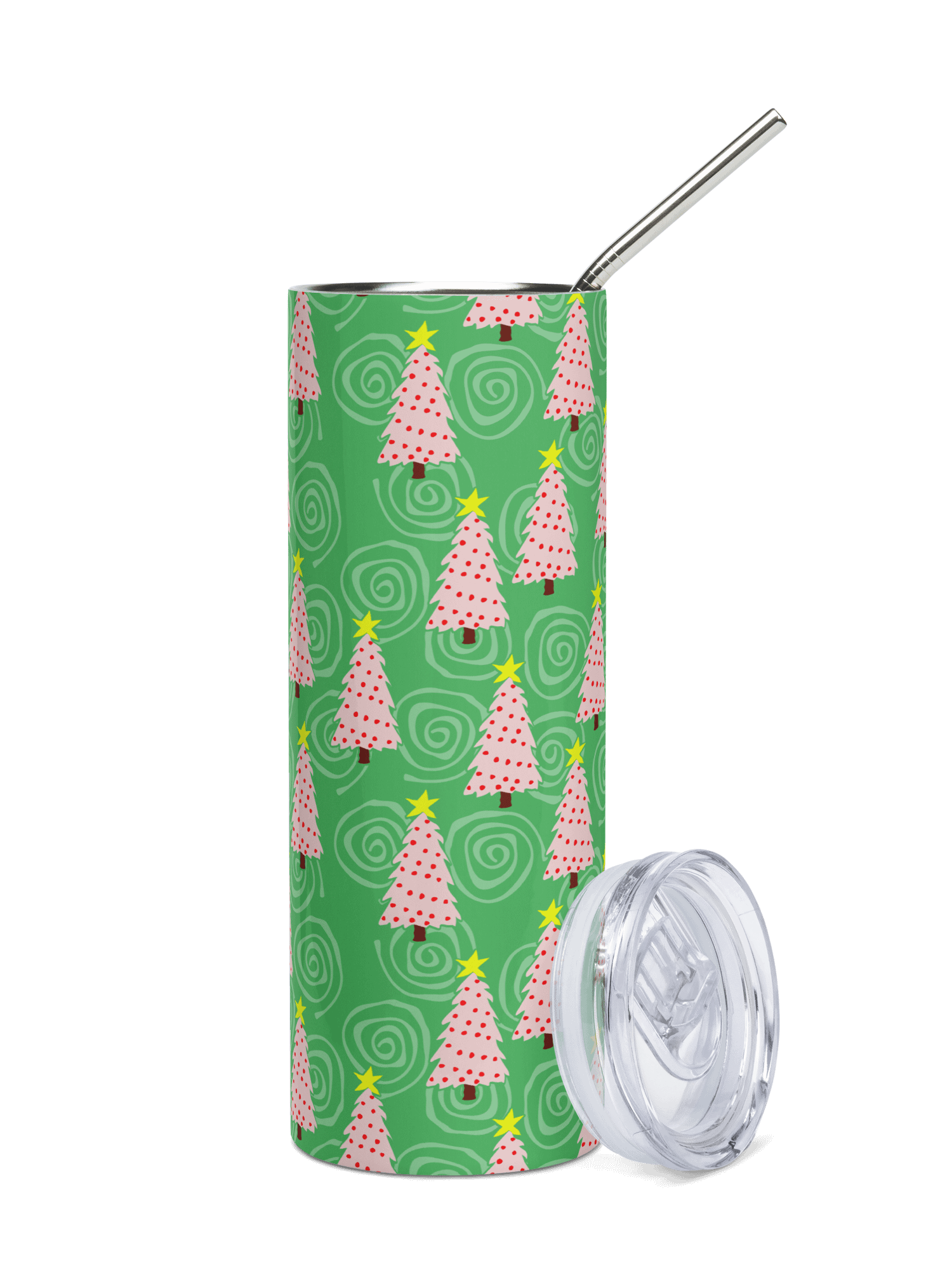 Pink Christmas Trees on Green Spirals Stainless Steel Tumbler with Straw product image (1)