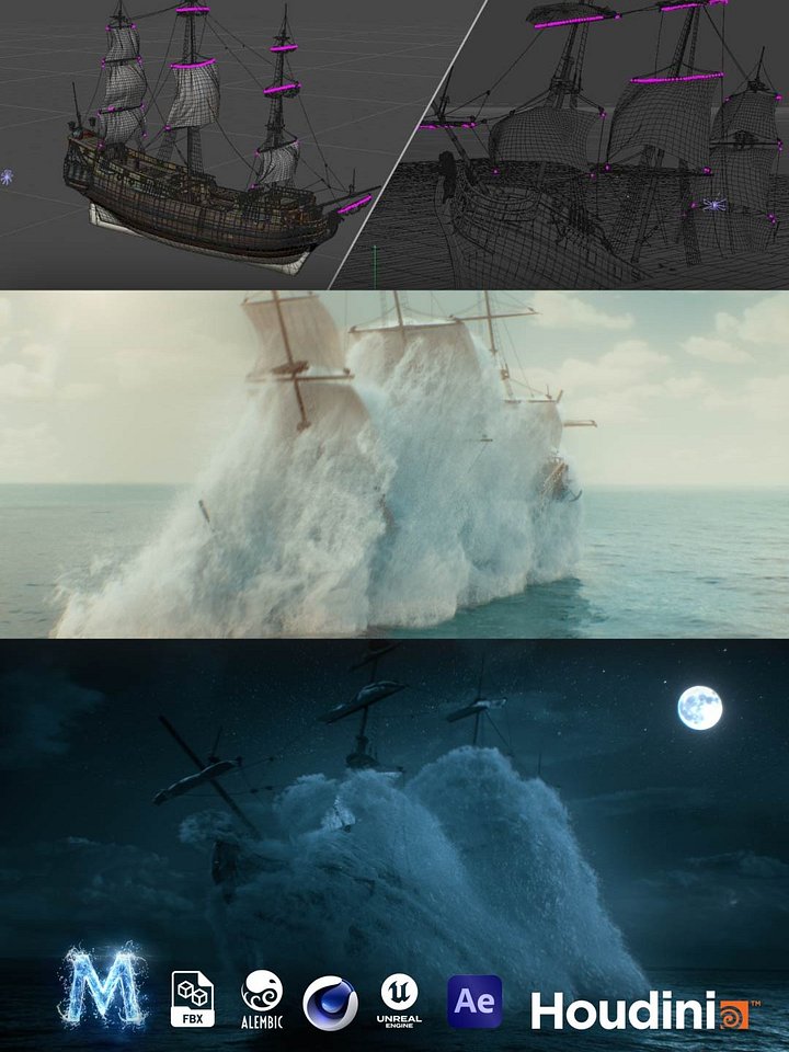 Realistic Pirate Ship Ocean Breach - Sails Rigged & Animated with Wind (C4D, FBX, Alembic) product image (1)