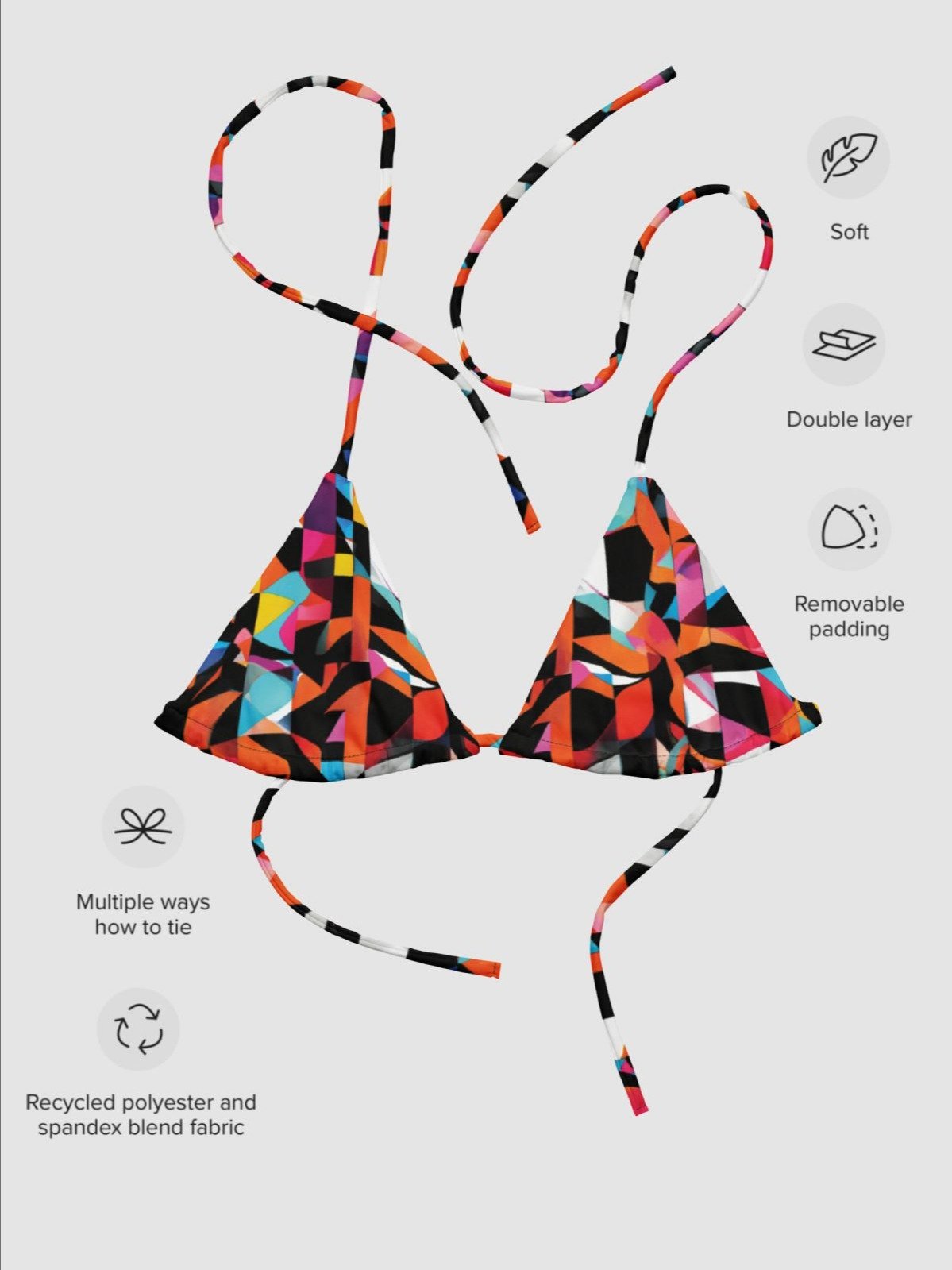 Recycled Padded String Bikini Top "Colorful Modern Abstract Checkered Art Printed" product image (3)