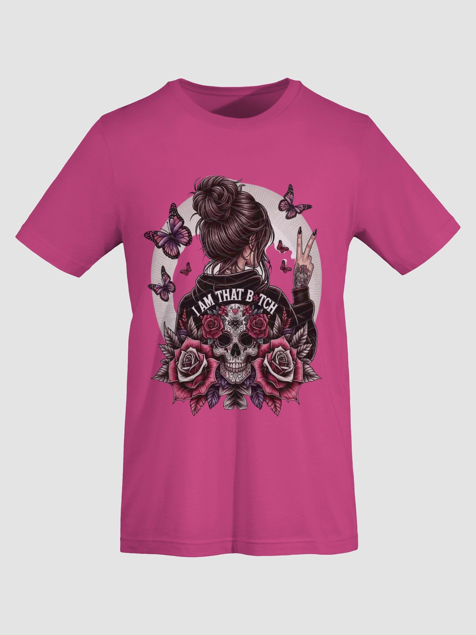 Bold Attitude Girl with Skull, Roses, and Butterflies Graphic T-Shirt product image (4)