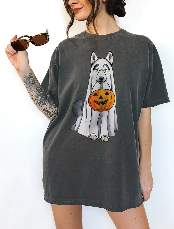 Siberian Husky Halloween Tee | Funny Fall & Halloween Husky Wearing a Ghost Costume with Pumpkin Basket product image (6)
