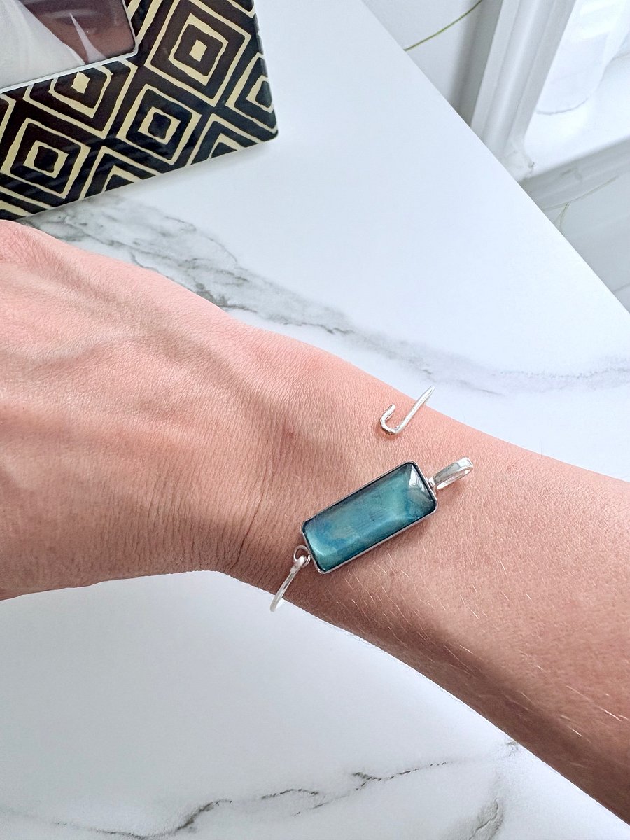 ⚡ Electric Tide Bangle | 6.75" Silver-Plated Wire Bracelet with Teal Rectangle Charm | Handmade Coastal Charm Jewelry by Monique Faella Designs™ | MFD-00180 product image (6)